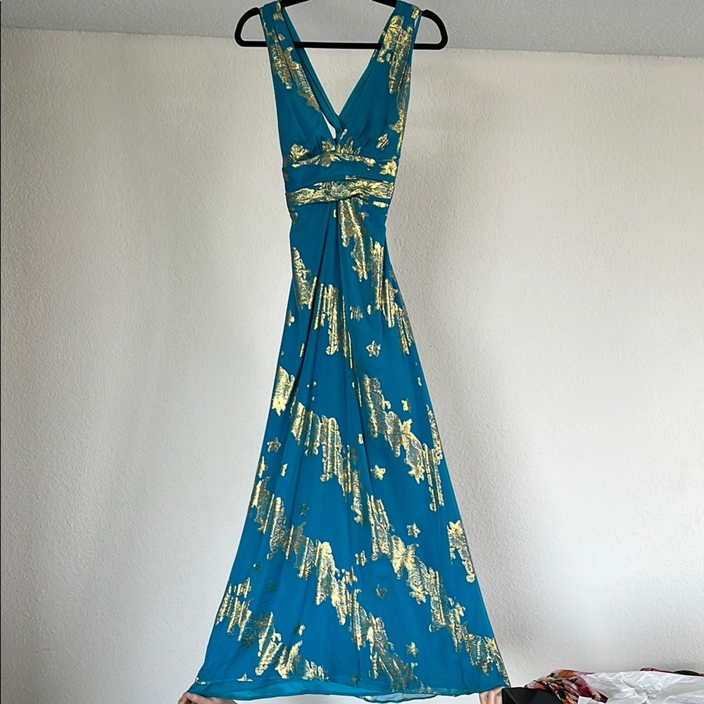 Nicole Miller turquoise/teal with gold evening dress